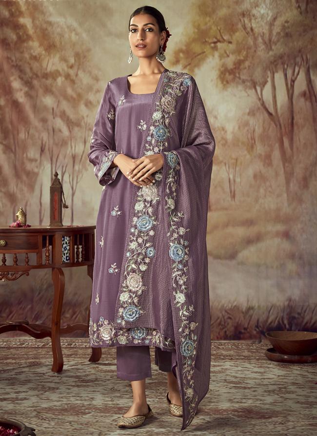 Russian Silk Lilac Eid Wear Embroidery Work Salwar Suit